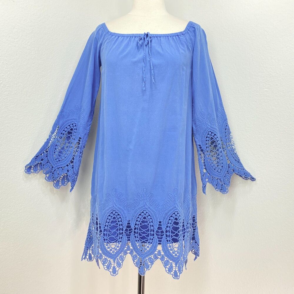 Roxberi Blue Chambray Venetian Lace Cotton Mini Dress Lined Med Boho Fairy Party